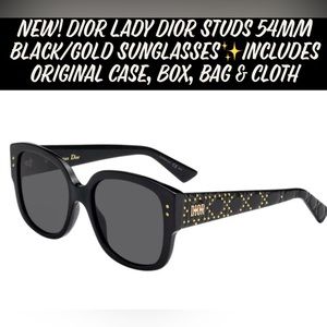 🎉HP🎉New! Dior Lady Dior Studs 54MM Black/Gold Sunglasses✨ Case, Box & Cloth